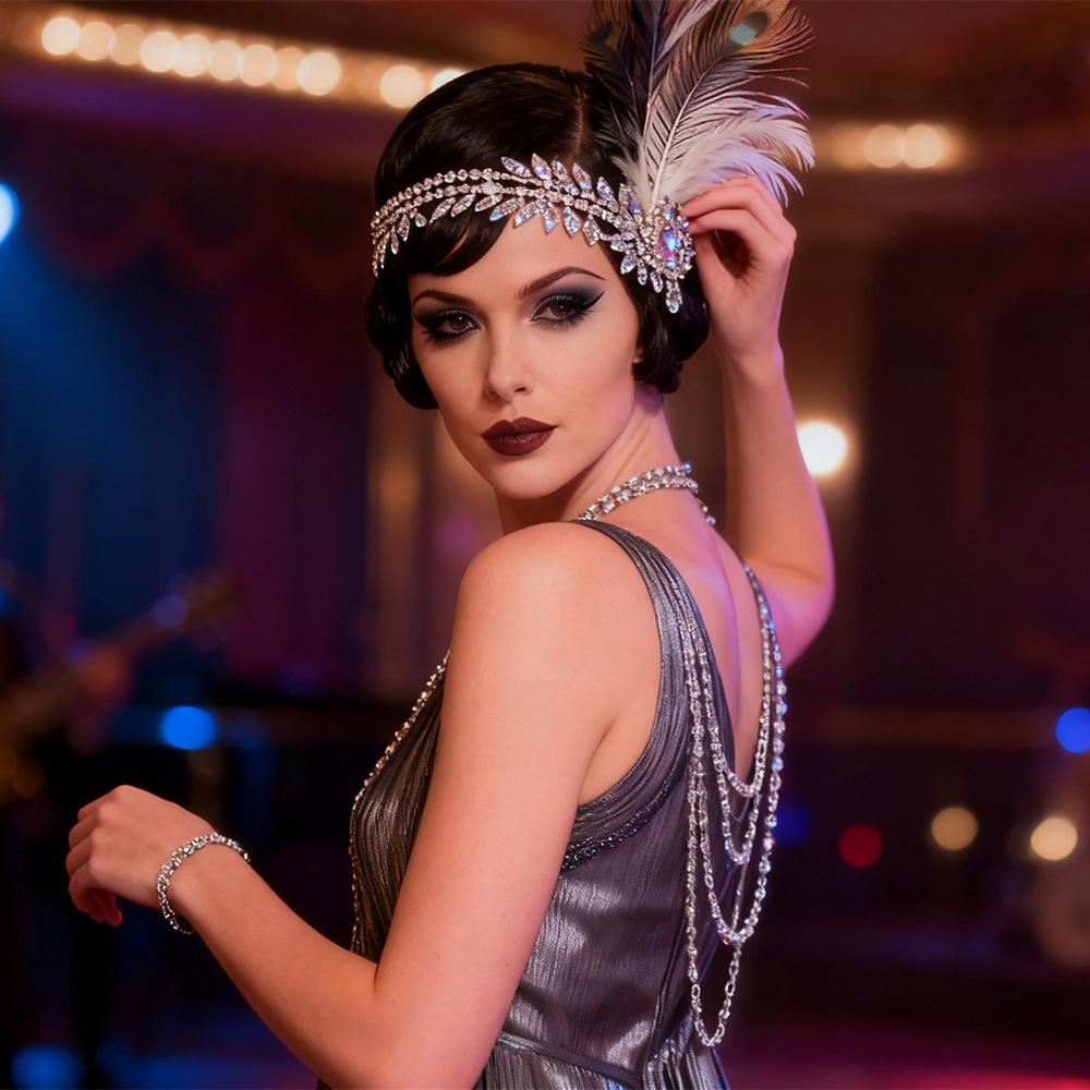 1920er Jahre Great Gatsby Feder Stirnband für Damen Vintage Strass Flapper Kopfschmuck Roaring 20s Party Haar Accessoires