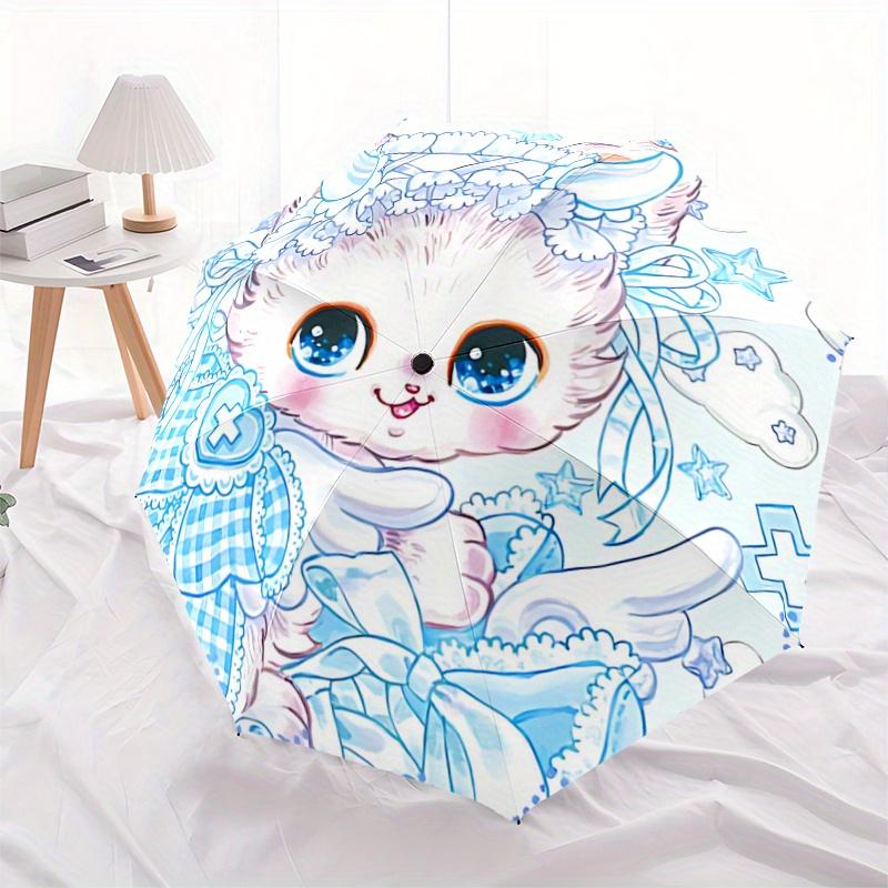 

1pc Blue Cute Cat Fully Automatic Folding Portable Umbrella, 8 Iron Frames, Three-Fold Design, Suitable for All Seasons, Suitable for Outdoor Use