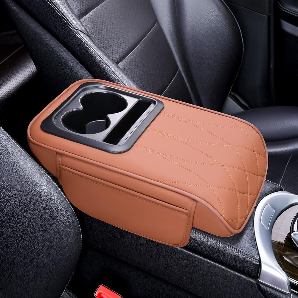 PU Leather Portable Center Console Armrest Cushion with Cup Holder Car Armrest Pillow Multifunctional Height Increasing