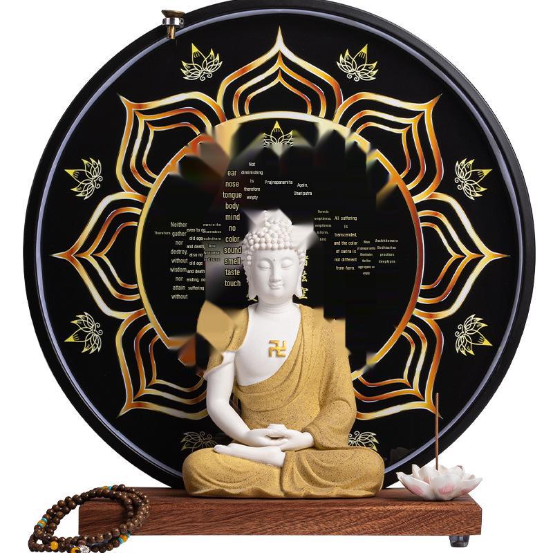 Keramik Shakyamuni Buddha Statue - Wohnzimmer Kunstwerk mit den Drei Heiligen und Lichtkreis Design