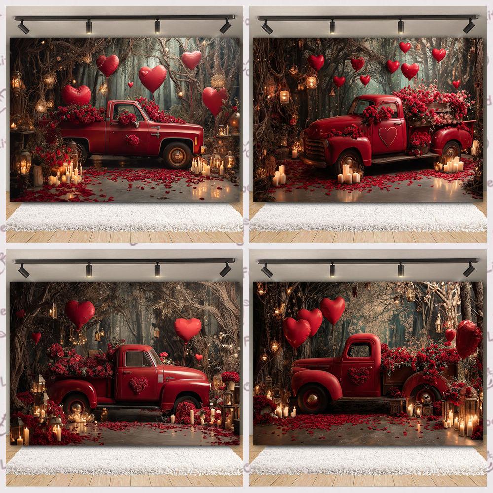 Valentine's Day Backgrounds For Photographs Red Car Love Heart Balloons Rose Flower Candle Romantic Wedding Decor Photo Backdrop