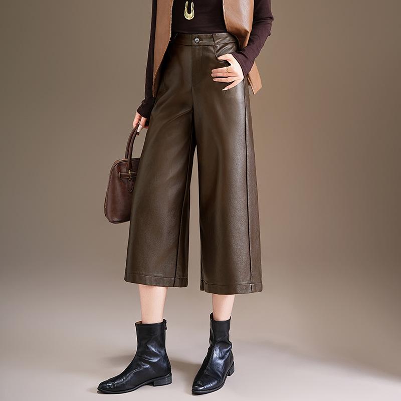 

Women s 2026 Spring Wide-Leg Leather Pants - Loose, Casual & Versatile Fashion L кавовий