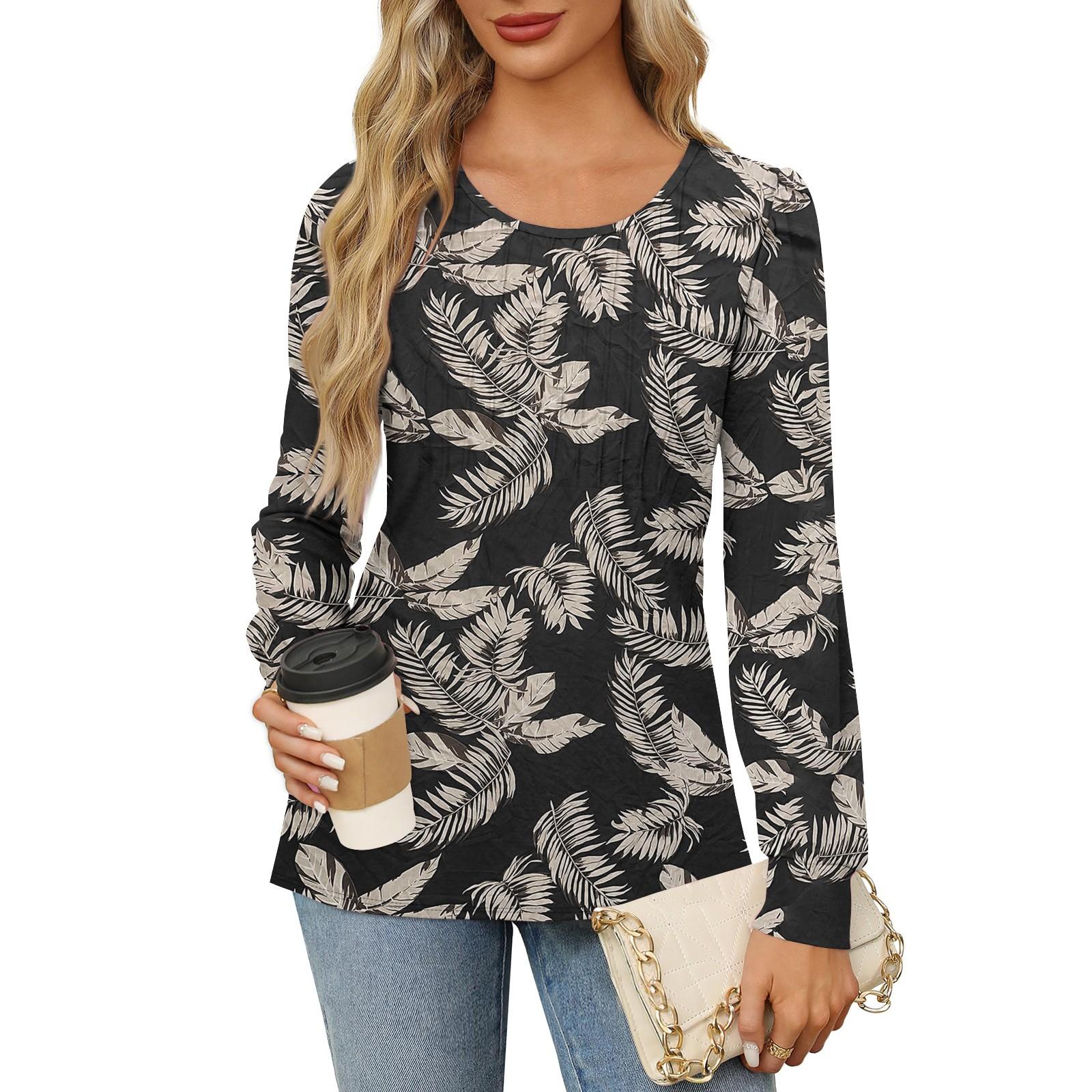 

Рубашки с длинным рукавом для женщин, футболки с милым принтом и графикой, блузки, нарядные повседневные блузки, плиссированные топы-туники с овальным вырезом L чёрный