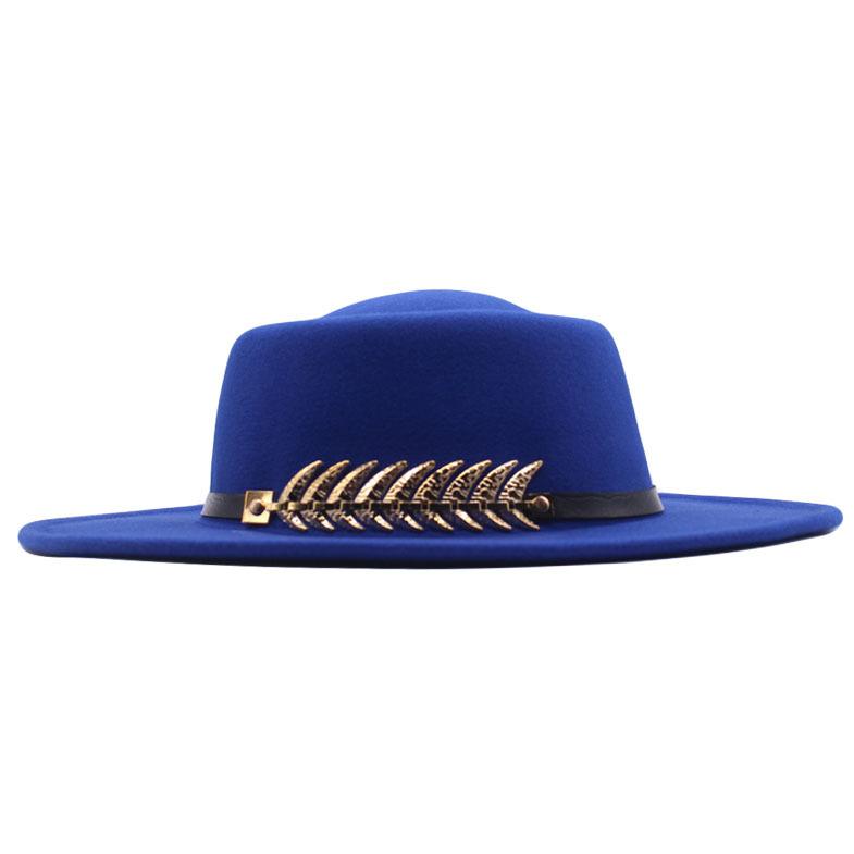Autumn and winter new women's flat top wide brimmed hat imitation wool top hat felt hat fishbone metal buckle concave shape multi-color