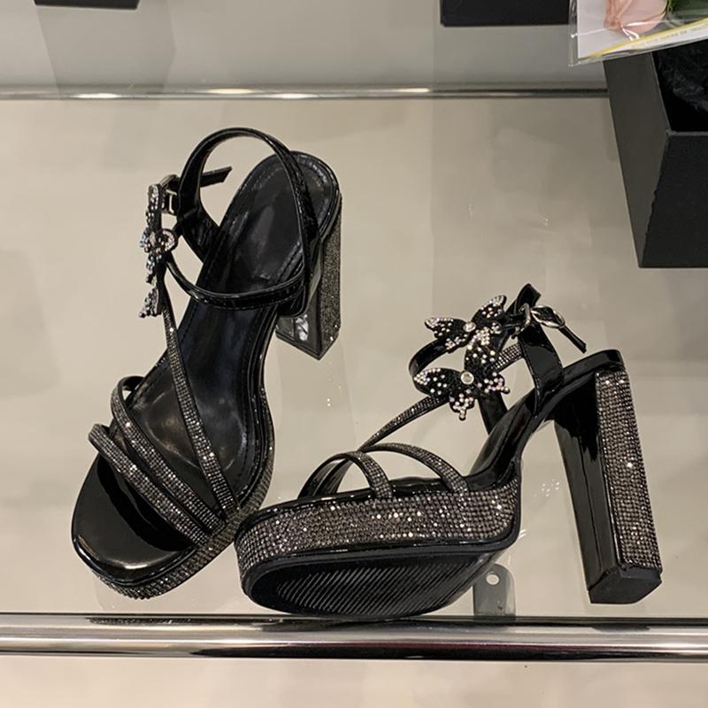 Moda Liyke Moda Błyszczące Dżety Damskie Sandały 12CM Kryształowy Pasek z Motylem Letnie Gruba Platforma Wysokie Obcasy Ślubne Buty na Bal