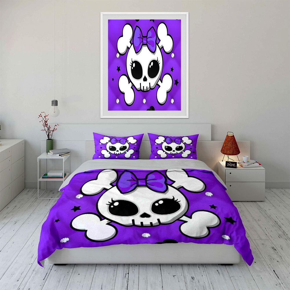 3Pc Cute Bow Crossbone Skull Duvet Cover Set,Purple Glitter Kawaii Bedding with 1 Duvet Cover 2 Pillowcases Single Double,Gift