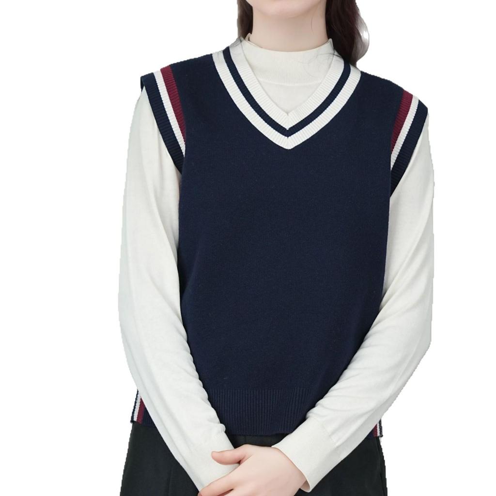 Knitted V-neck Color-Block Vest - Spring & Autumn School Uniform Style Sweater