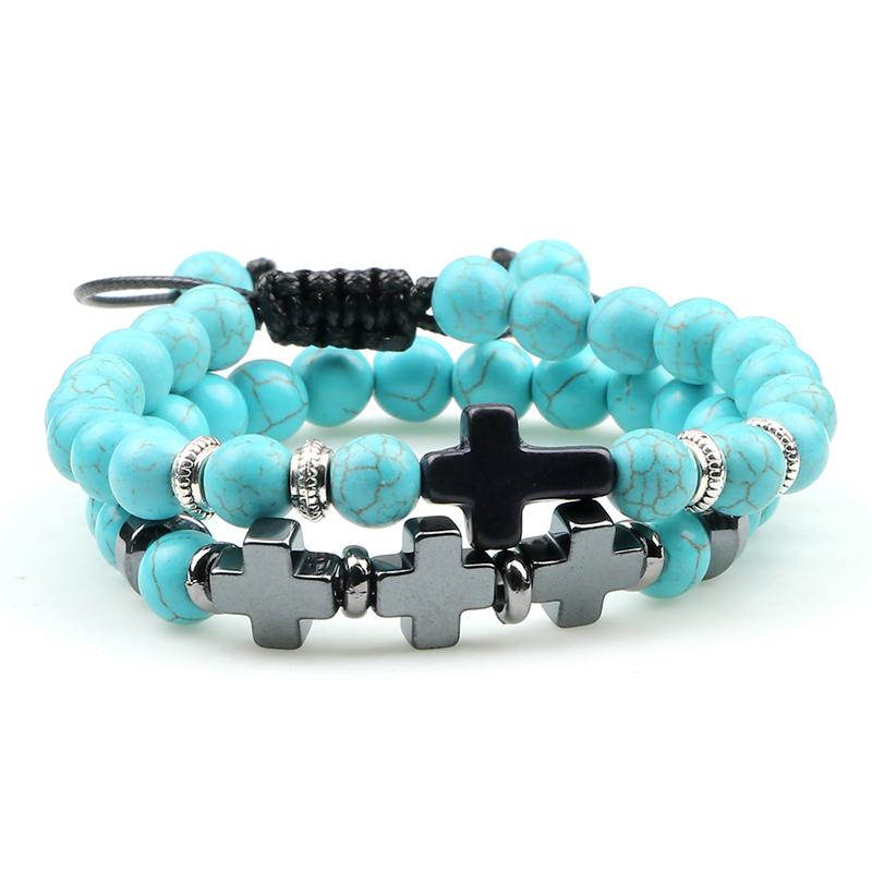 

2Pcs/Set Couple Cross Bracelets 8mm Natural Lava Stone Bangles Handmade Braided Bracelet Fashion Jewelry Men Gifts Distance Yoga