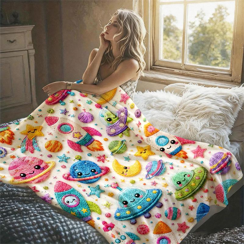 Embroidery Space Theme Flannel Blanket Warm Soft Halloween Christmas Decorative Couch Warm Cozy All-Season Gift