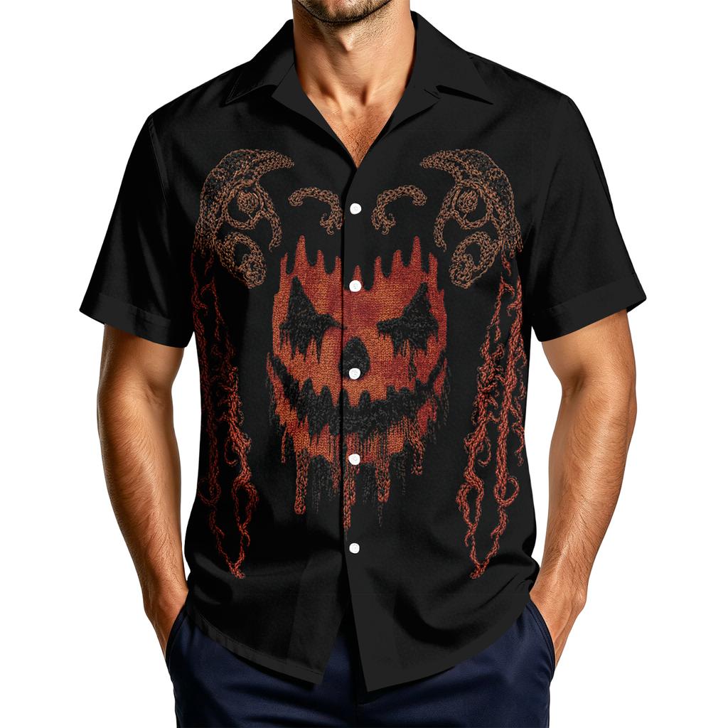 Men's Casual Short Sleeve Halloween Print Button Down Shirt