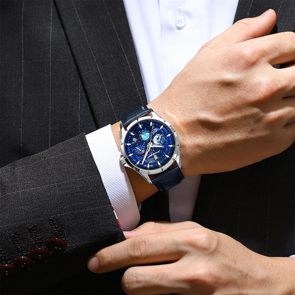 Genuine Leather Blue Starry Luminous Analog Calendar 3ATM Waterproof Quartz Romantic Stylish Casual Fashion Accessories Birthday Anniversary Christmas