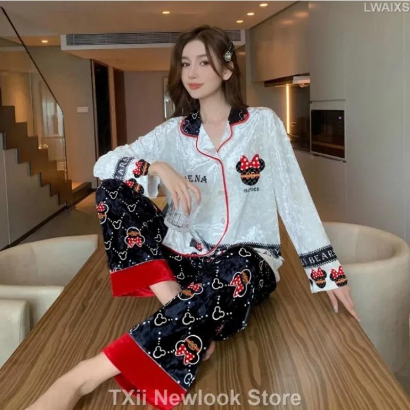 

Осень-зима новый цветной медведь золотистый пижама женский комплект корейский бархат волосы брюки домашняя одежда круглый вырез 2XL