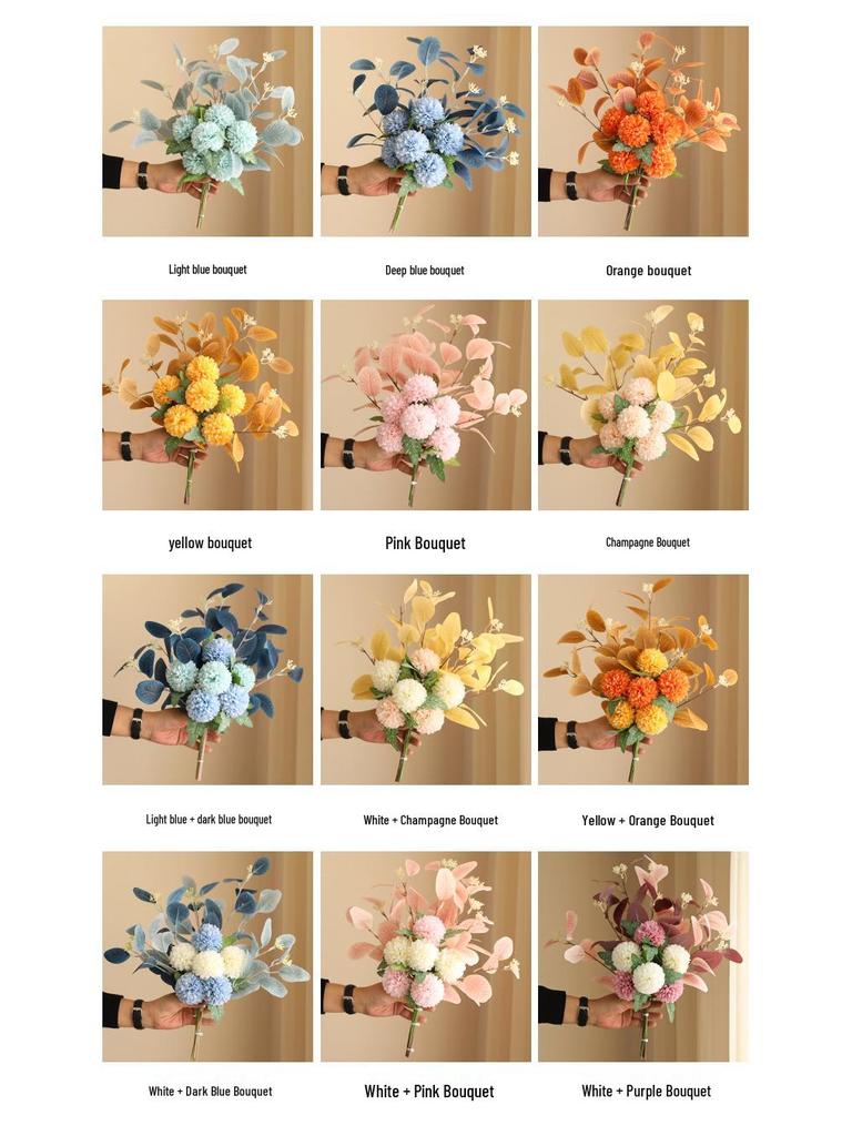 Eucalyptus Ball Chrysanthemum Bouquet in Ceramic Vase - Artificial Dried Flowers for Living Room or Dining Table Decor