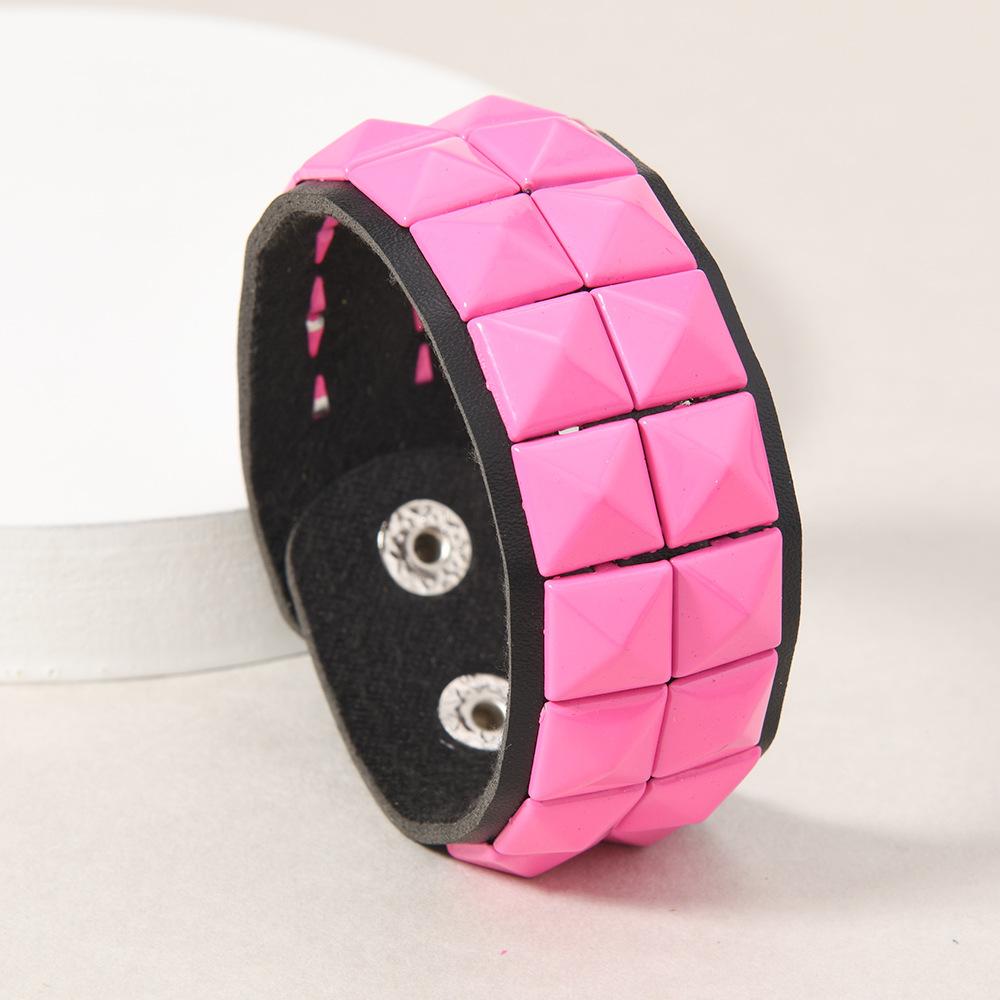 Hip Hop Rock Wide Wrap Bangle Hand Rainbow Color Block Spiked Bracelet for Men Women Punk Rivet Leather Cuff Bracelets