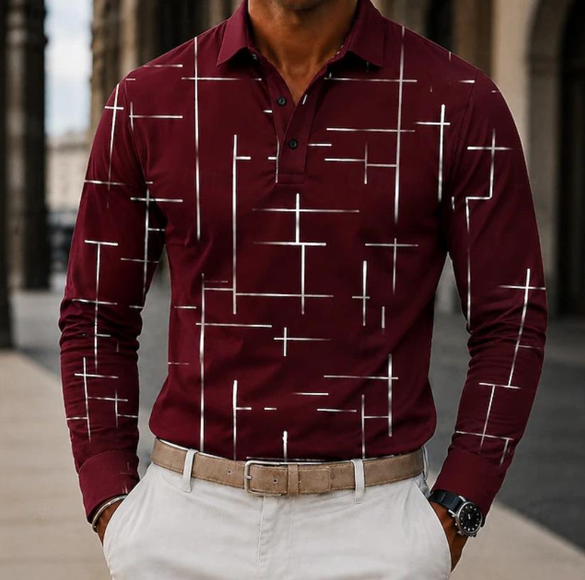 Stylish Long Sleeve Polo Shirt with Geometric Pattern, Perfect for Casual Daily Wear.