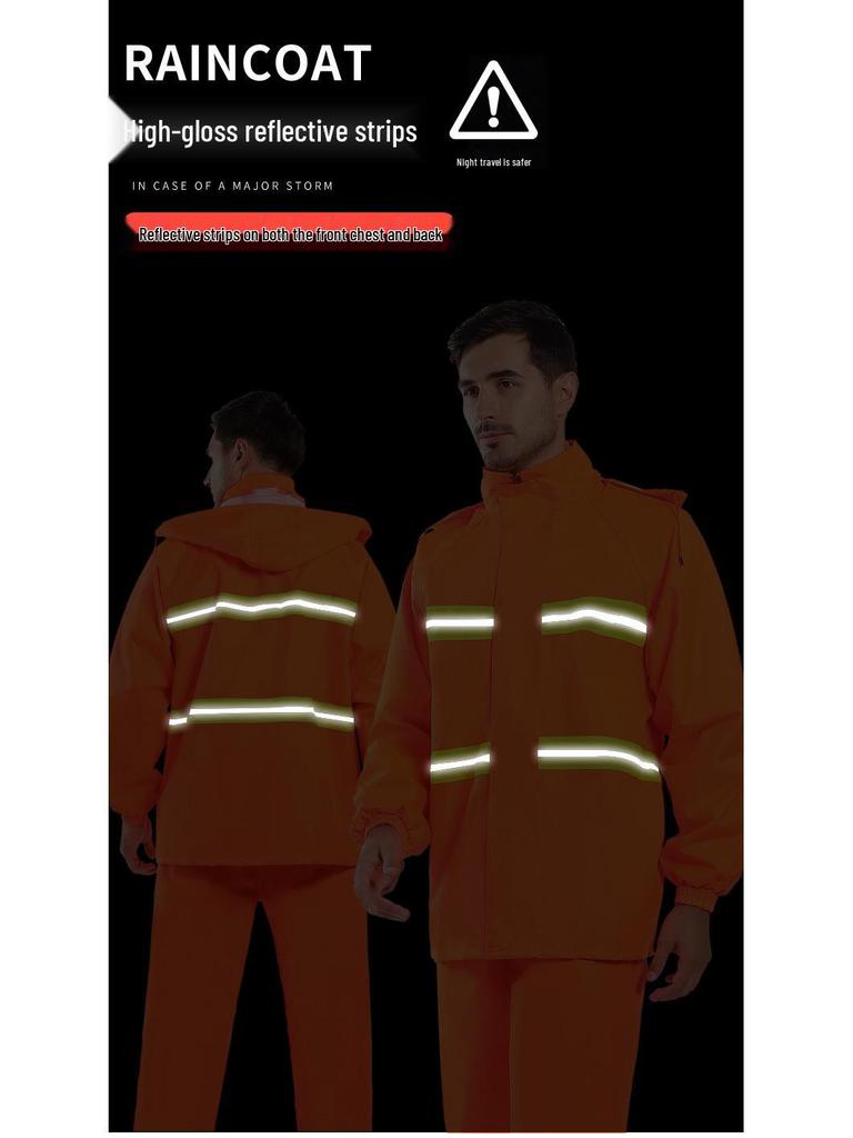 Men's Orange Raincoat & Pants Set with Reflective Strips for Construction and Cleaning