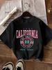 Kalifornien Los Angeles 89 Grafik Damen T-Shirt Rundhalsausschnitt Kurzarm Normale Länge Buchstabendruck Oberteil für Alle Jahreszeiten