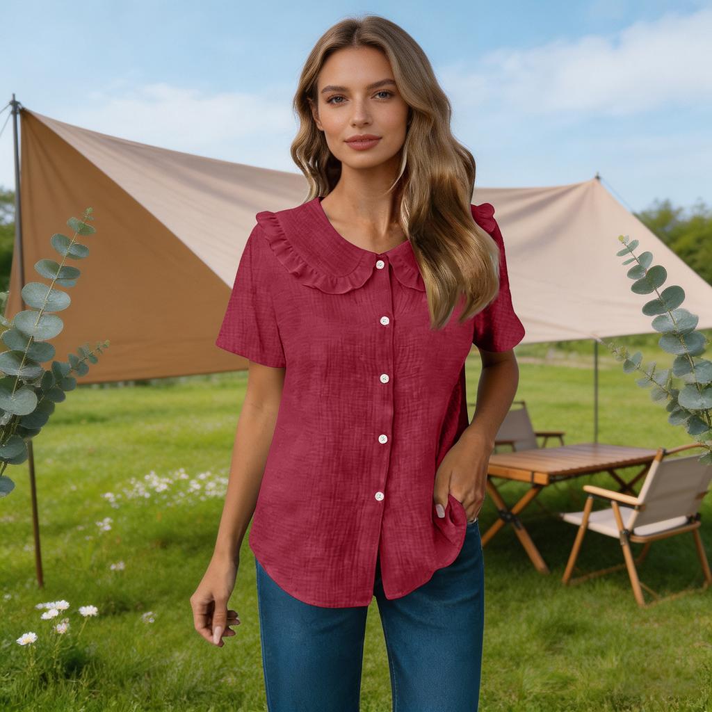 Women Summer Short Sleeve Shirt Dress Style Blouse Ruffle Collar Button Front Closure Casual Loose Fit Textured Top