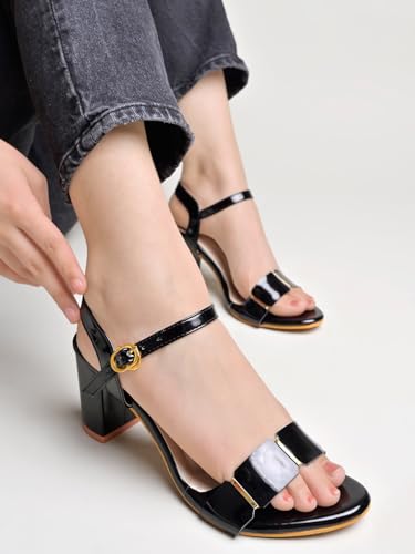 

Elegant Black Heeled Sandals For Women ||Ankle Strap Chunky Block Heels With Gold Accent Open Toe Dress Eu36 5 UK