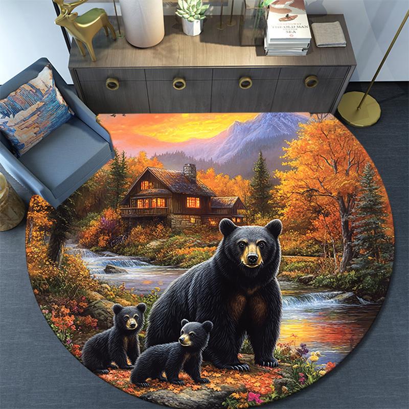 Runder Teppich mit Schwarzbärenfamilie, Teppich für Wohnzimmer, Schlafzimmer, Sofa, Spielzimmer-Dekoration, Rutschfeste Bodenmatte