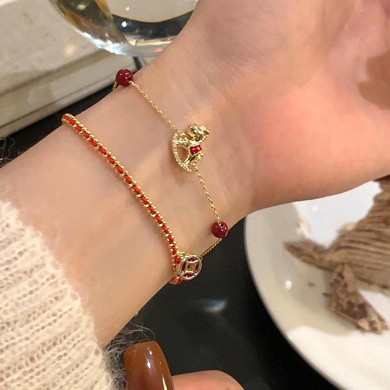 18k Gold Plated Zircon Double Layer Horse Bracelet - Chinese Retro Style with Woven Rope