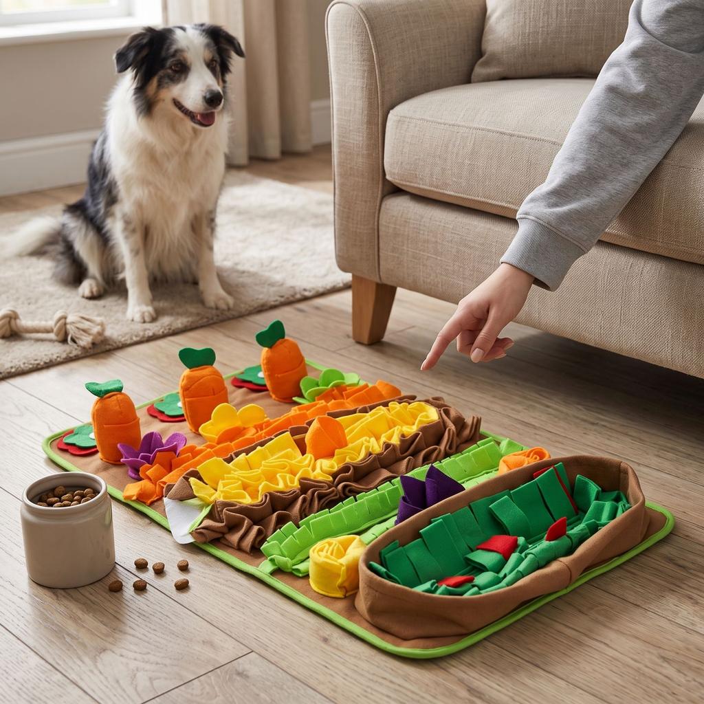 Schnüffelteppich für Hunde und Katzen, Interaktives Futterspielzeug zur langsamen Fütterung, Indoor-Beschäftigungsaktivität, Kartenboden Drei Karotten 78