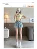 2026 Summer Women's High Waist Rhinestone Denim Shorts - Plus Size A-Line Wide Leg Hot Pants with Spicy Girl Design