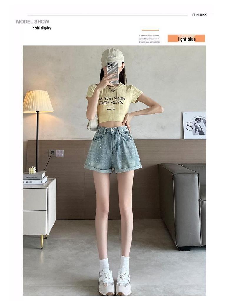 2026 Summer Women's High Waist Rhinestone Denim Shorts - Plus Size A-Line Wide Leg Hot Pants with Spicy Girl Design