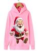 Cartoon Santa kids hooded sweatshirt, ice skating Santa with gift bag illustration, soft comfy texture, ideal for Christmas gifts and daily wear.