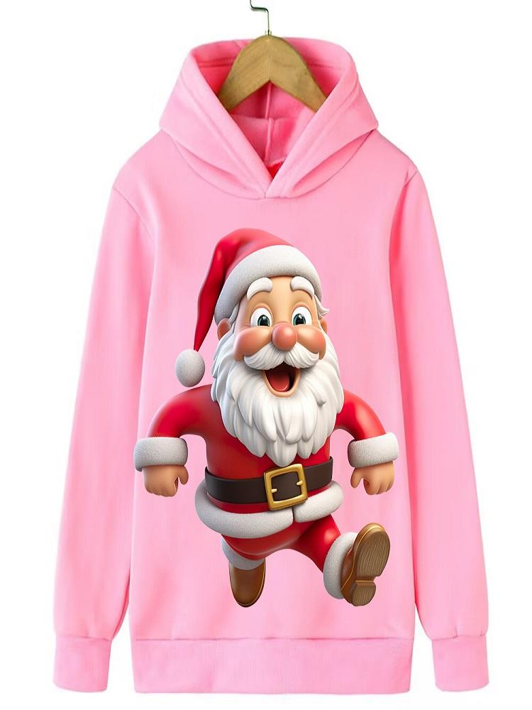 Cartoon Santa kids hooded sweatshirt, ice skating Santa with gift bag illustration, soft comfy texture, ideal for Christmas gifts and daily wear.