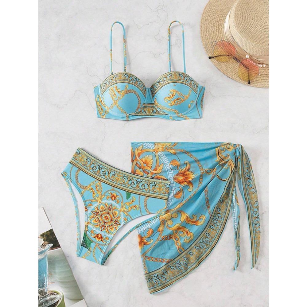 Europees en Amerikaans Nieuw Eendelig Badpak Sexy Rug Gedrukt Drie Delig Bikini Pak voor Vrouwen
