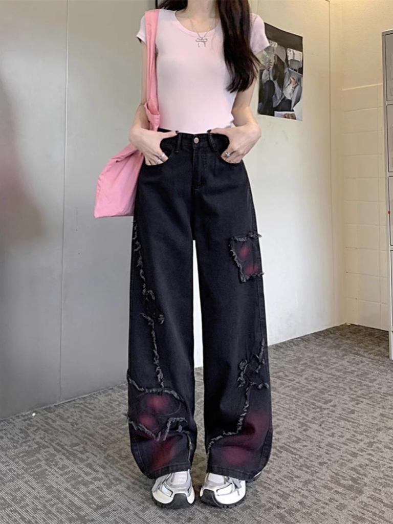 Jeans a vita alta a zampa larga tie-dye retrò da donna: Design Farfalla Nera