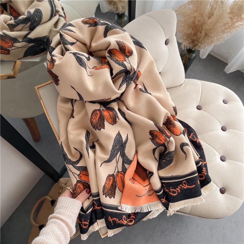 New Tulip Flower Scarf Women's Imitation Cashmere Autumn and Winter Thickened Warm Dual-purpose Long Shawl
