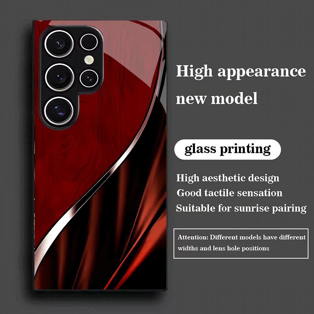 Fashionable deep red line tempered glass phone case suitable for Samsung Galaxy S26 S25 S24 S22 S21 S20 FE/Ultra/Plus shockproof