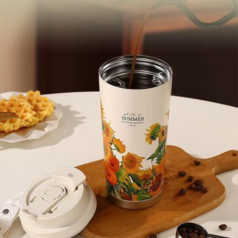 316 Stain Steel Thermos Cups 500ml Coffee Mug with Spoon Set of 3, Floral Ceramic Mug Gift Box for Birthday Wedding Christmas Valentine's Day