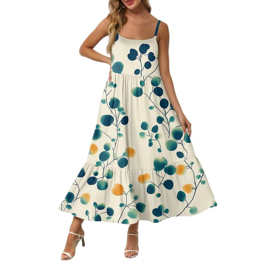 Damska Długa Plażowa Codzienna Elegancka Sukienka Maxi na Cienkich Ramiączkach, Szyta, Subtelna, Zwiewna Sukienka w Stylu Boho