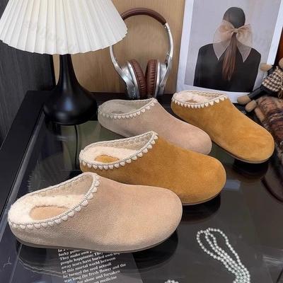 Women Flat Mules Shoes Suede Short Plush Cotton Slippers Designer Winter Casual Shoes 2025 New Walking Slippers Zapatos De Mujer