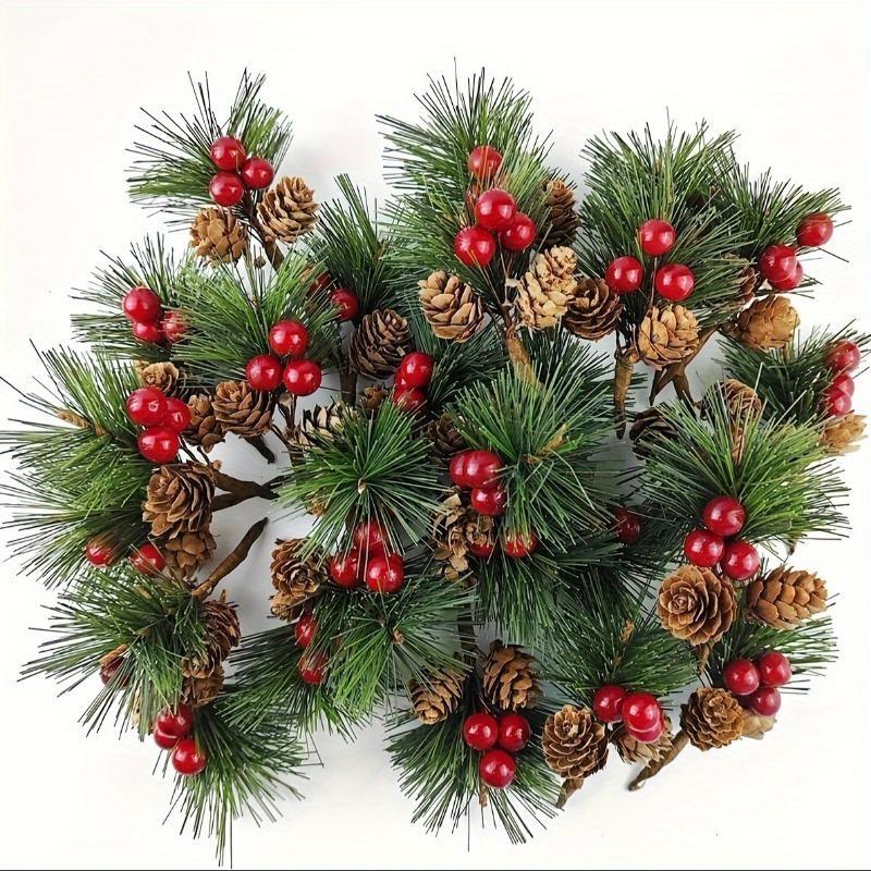 10 Pieces of Simulated Pine Cone Red Berry Cuttings Decoration Ornaments Pine Needle Mini Christmas Tree Accessories