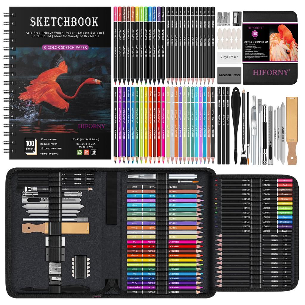 HIFORNY Art Supplies Drawing Kit with 100 Watercolor Metallic Blending and More for Beginner Artists 176-Piece Sheets, 3-Color Sketchbook, Graphite,