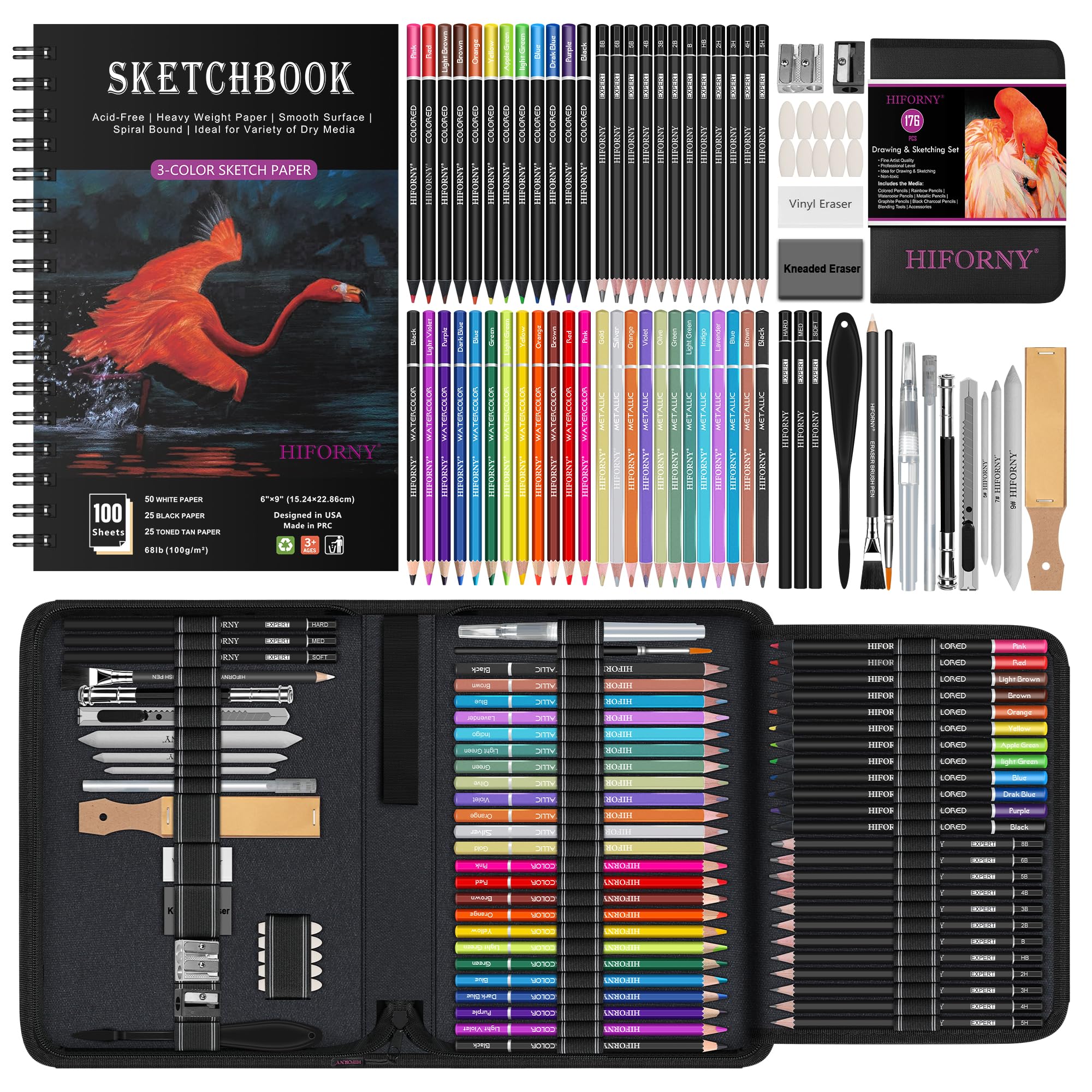 

HIFORNY Art Supplies Drawing Kit with 100 Watercolor Metallic Blending and More for Beginner Artists 176-Piece Sheets, 3-Color Sketchbook, Graphite, чёрный