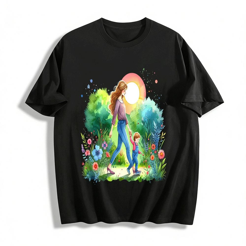 

Mother And Child Walking In Garden Print Casual Top Pure cotton T-shirt XXS