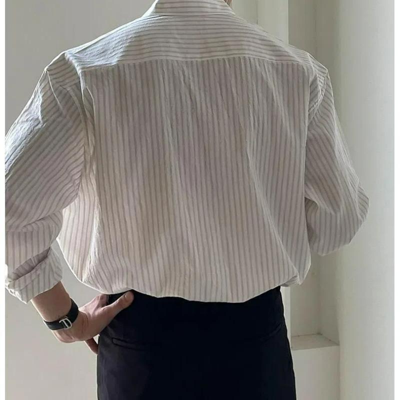 Heren Vintage Mode Japanse Stijl Gestreept Business Casual Overhemd Lente Zomer Revers Lange Mouw Losse Tops Camisas De Hombre