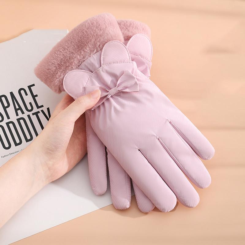 Women Winter Cycling Gloves Thick Plush Windpoof Solid Color Touch Screen Waterproof Warm Anti-slip Cute Embroidery Lady Outdoor Gloves
