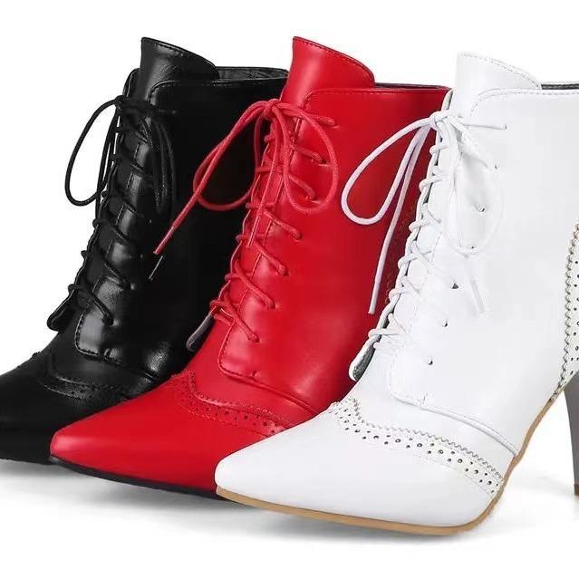 Nové evropské a americké módní všestranné retro duté hořící květinové přední šněrovací dámské kotníkové boty na vysokém podpatku