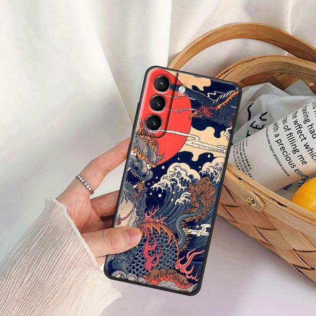 Japanese Style Art Ukiyo-e Phone Case For Samsung Galaxy S25 S24 Ultra S23 Plus S20 S21 FE S22 S24FE 5G Cases Black Soft Cover