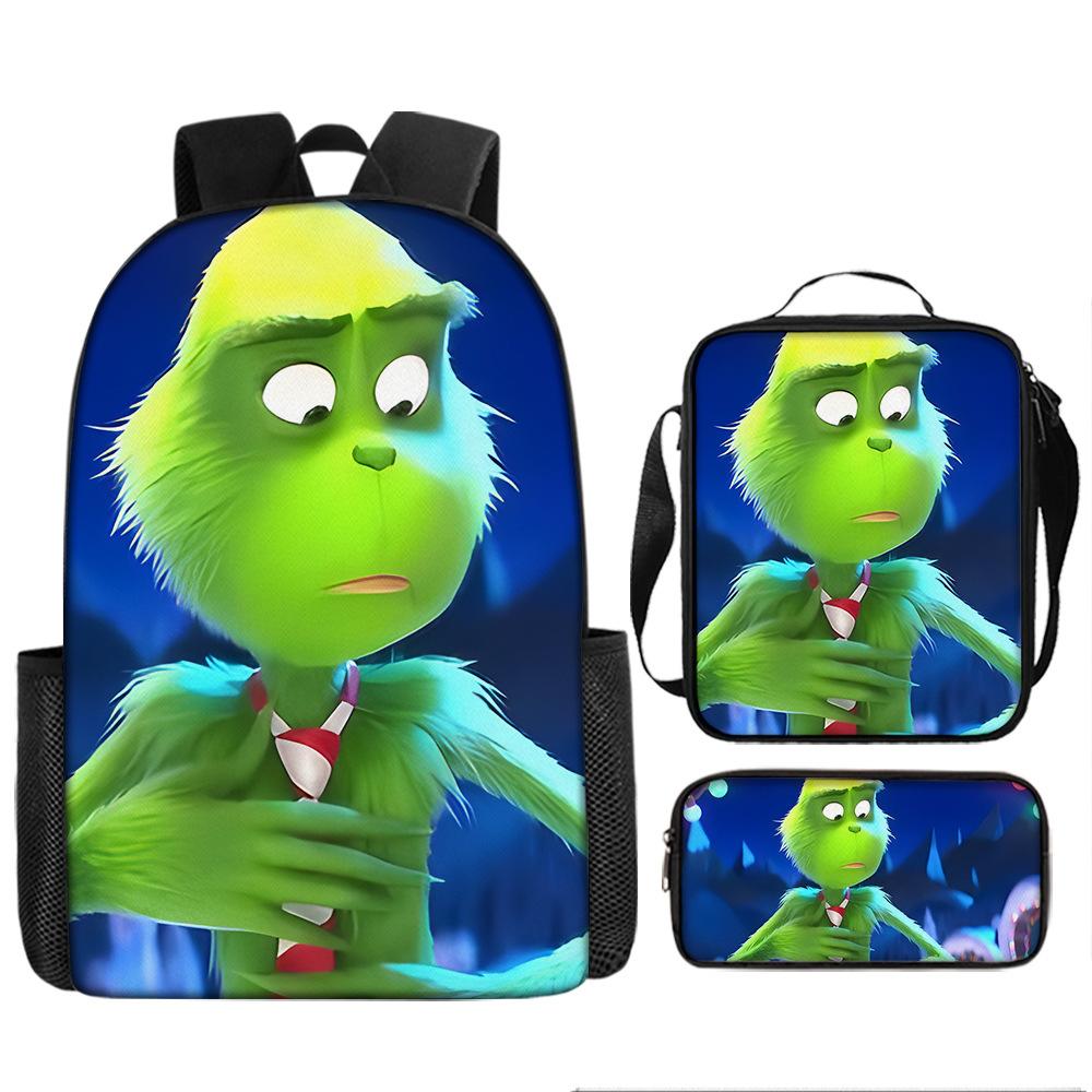 Green Hair Monster Grinch School Bag Campus 12345th and 6th Grade Backpack Lightweight Weight Loss Computer Bag Three-piece Set