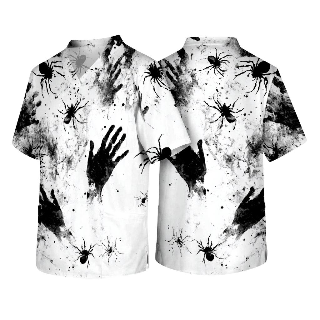 Men's V Neck Short Sleeve Halloween Print Medical Scrub Top with Chest Pocket and Two Front Pockets Suitable for Healthcare Professionals