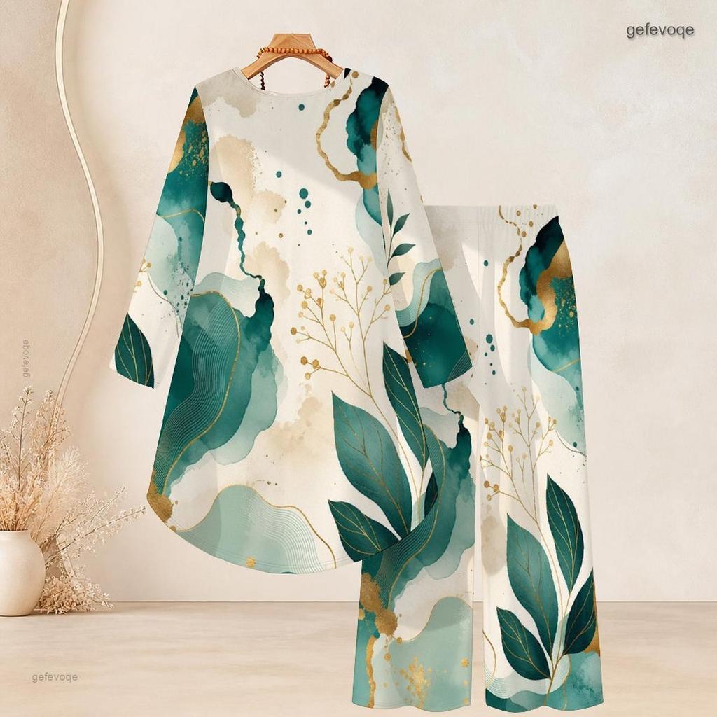 Women Plus Size Round Neck Long Sleeve Blue Gold Marble Printed High Low Top And Wide Leg Pants Two Piece Set