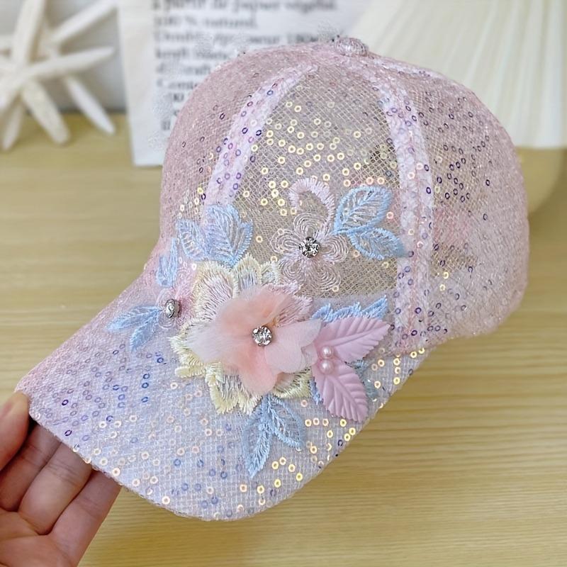 1pc Lace And Floral Baseball Cap for Women with Adjustable Hook-And-Loop Fastener And Sequins, Suitable for Parties And Outings