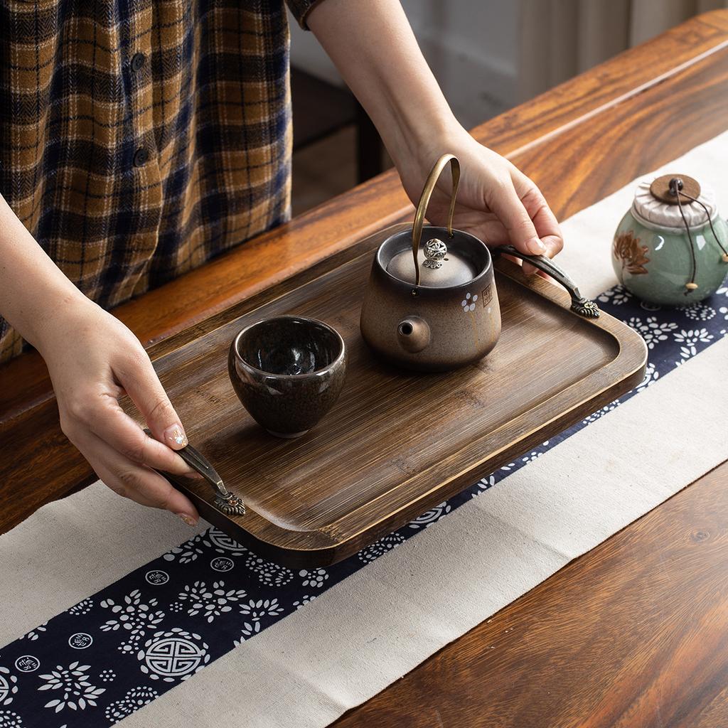 Square Bamboo Food Tray with Classic, Legs and Carrying Handle Eco-friendly Tea Tray for Item Storage